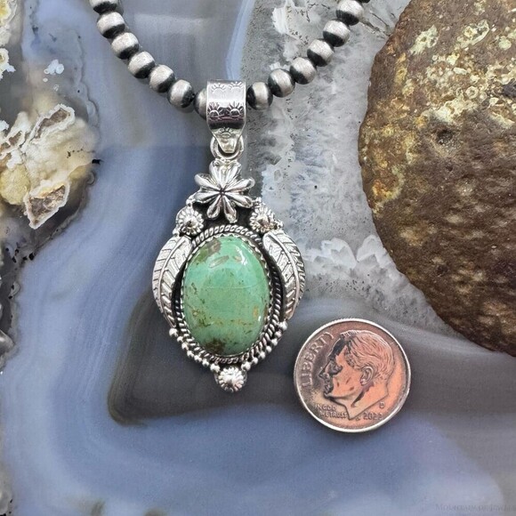 Sterling Southwestern Style Oval Turquoise leaves Decorated Pendant For Women - Picture 8 of 10